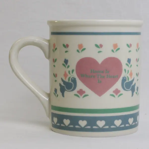  Enesco "Home Is Where The Heart Is" Pastel Ceramic Mug 3.75" Tall 1986