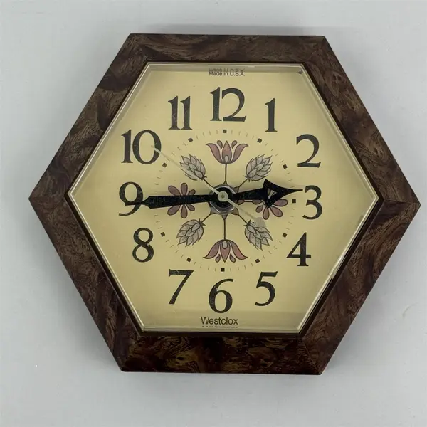 Westclox Hexagon Wall Clock Frolic Woodgrain Model No. 46915