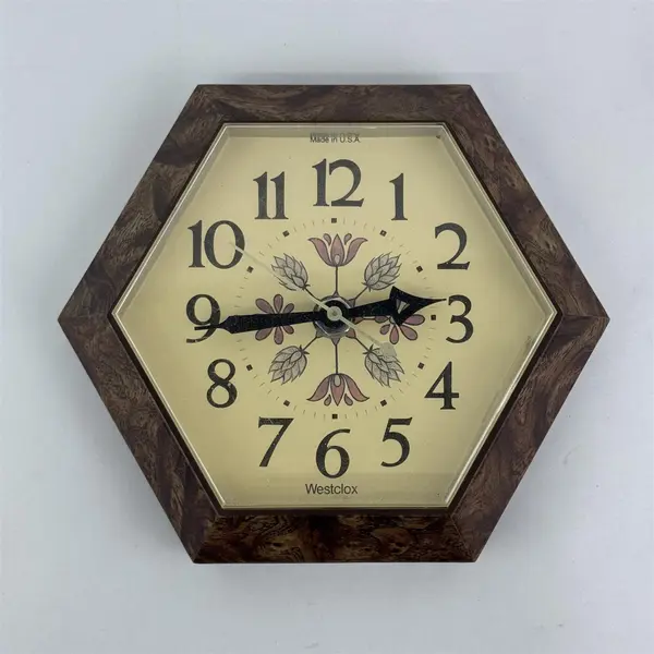 Westclox Hexagon Wall Clock Frolic Woodgrain Model No. 46915