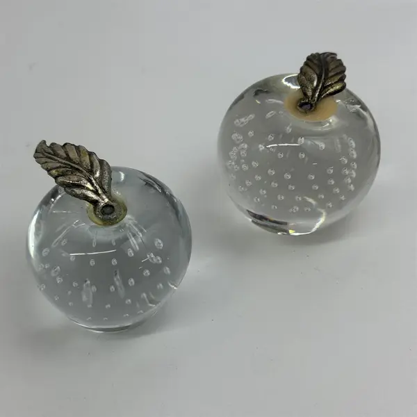 Lot of 2 Art Glass Apple Paperweights Clear with Bubbles Metal Leaf 2.25”