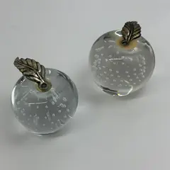 Lot of 2 Art Glass Apple Paperweights Clear with Bubbles Metal Leaf 2.25”