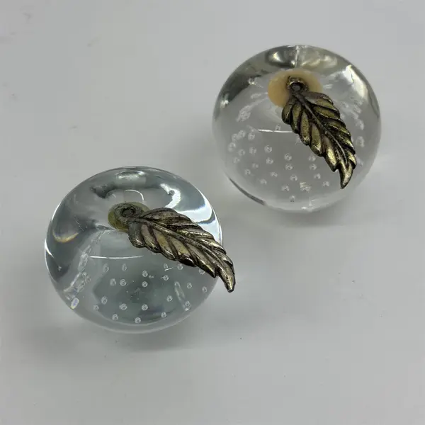 Lot of 2 Art Glass Apple Paperweights Clear with Bubbles Metal Leaf 2.25”