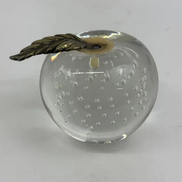 Lot of 2 Art Glass Apple Paperweights Clear with Bubbles Metal Leaf 2.25”