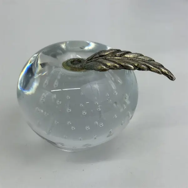 Lot of 2 Art Glass Apple Paperweights Clear with Bubbles Metal Leaf 2.25”