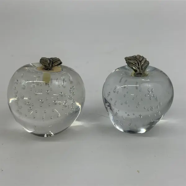 Lot of 2 Art Glass Apple Paperweights Clear with Bubbles Metal Leaf 2.25”