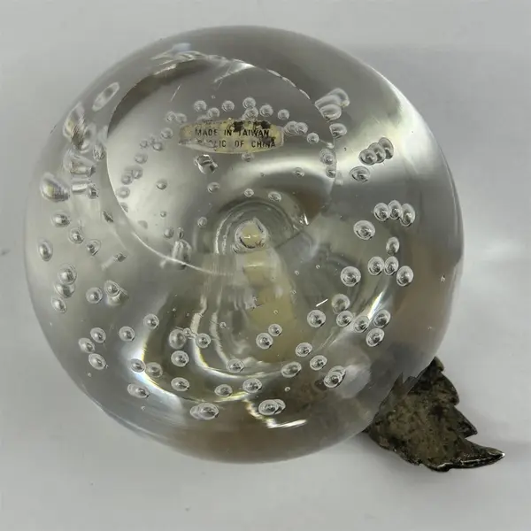Lot of 2 Art Glass Apple Paperweights Clear with Bubbles Metal Leaf 2.25”