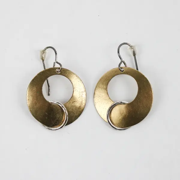 Mixed Metal Industrial Modernist Style Hoop Dangle Earrings