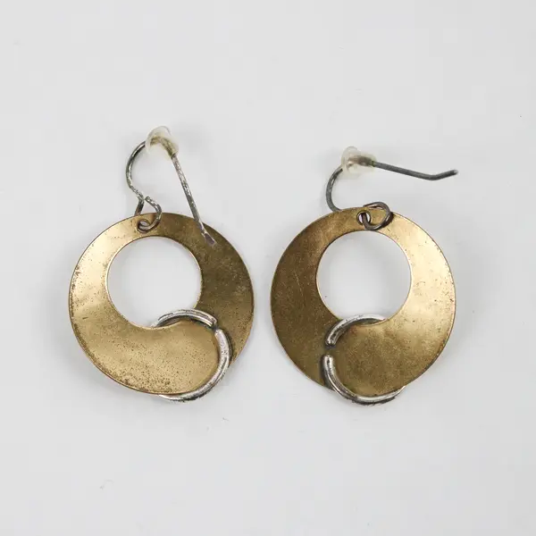 Mixed Metal Industrial Modernist Style Hoop Dangle Earrings