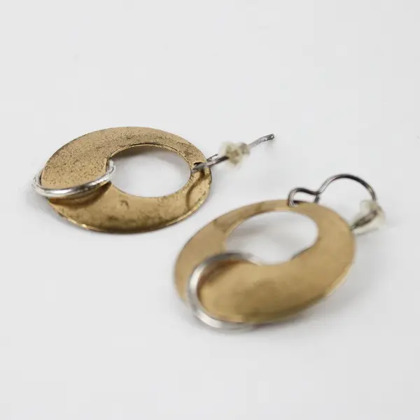 Mixed Metal Industrial Modernist Style Hoop Dangle Earrings