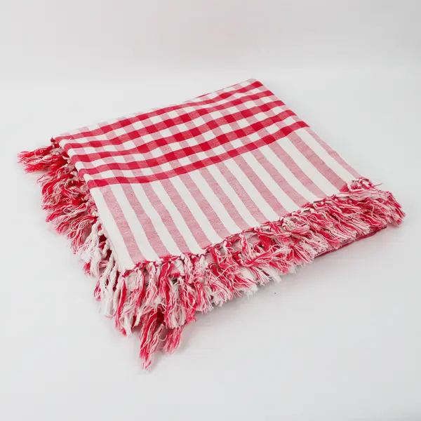 Unbranded Red/White Gingham With Tassels Fabric Tablecloth 48" x 49"