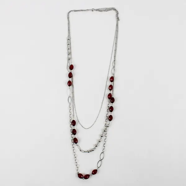 Red and Silver-Tone Multi-Strand Beaded Necklace 26"