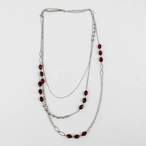 Red and Silver-Tone Multi-Strand Beaded Necklace 26"