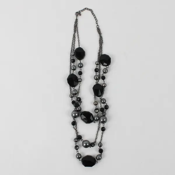 Vintage Black and Gray Beaded Multi-Strand Necklace 20"