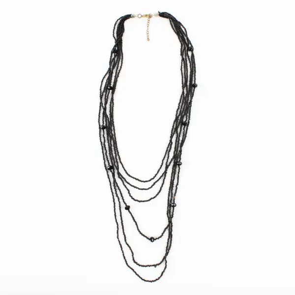 Multi-Strand Black Seed Bead Statement Necklace 27"