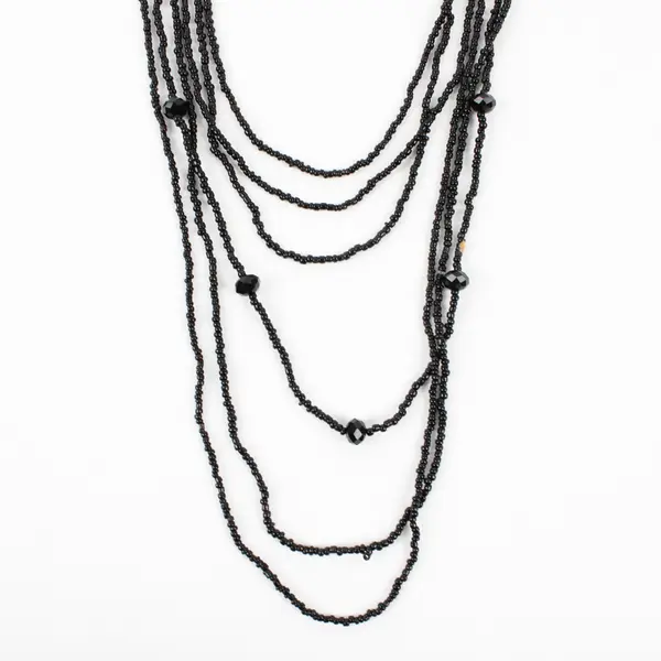 Multi-Strand Black Seed Bead Statement Necklace 27"