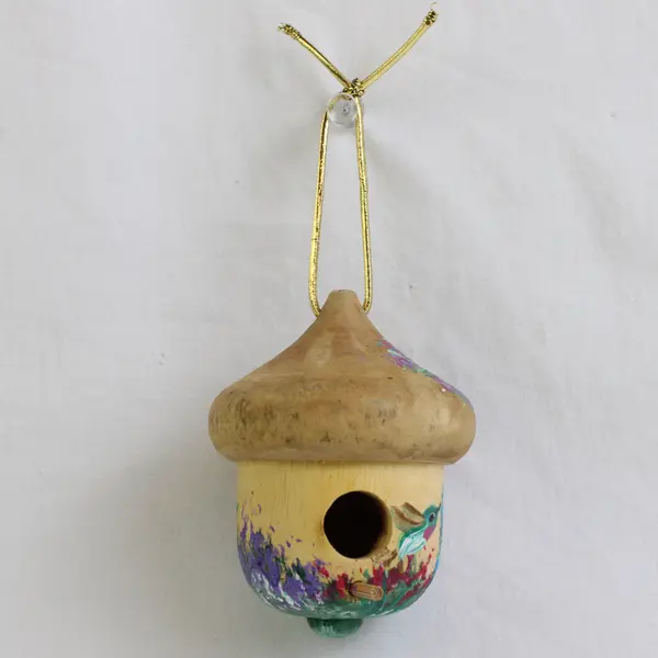 Hand-Painted Carved Wood Mini Acorn Birdhouse Ornament 3" Hanging