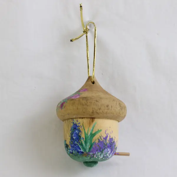 Hand-Painted Carved Wood Mini Acorn Birdhouse Ornament 3" Hanging