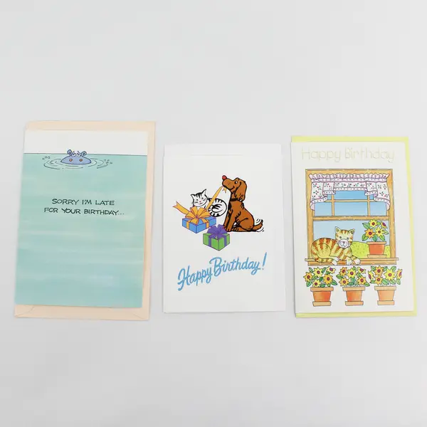 Lot of 7 Vintage and Modern Playful Birthday Cards with Envelopes