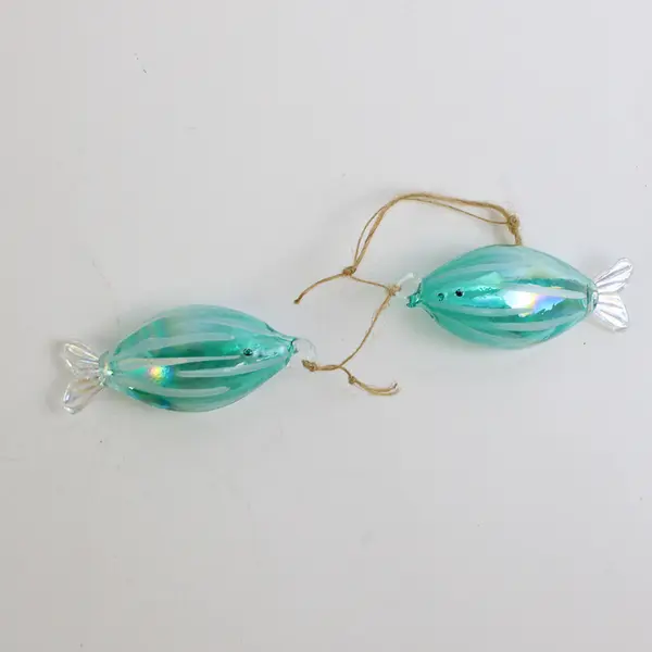 Pair Blue Glass Fish Ornaments on String Nautical Hanging Decor 3"