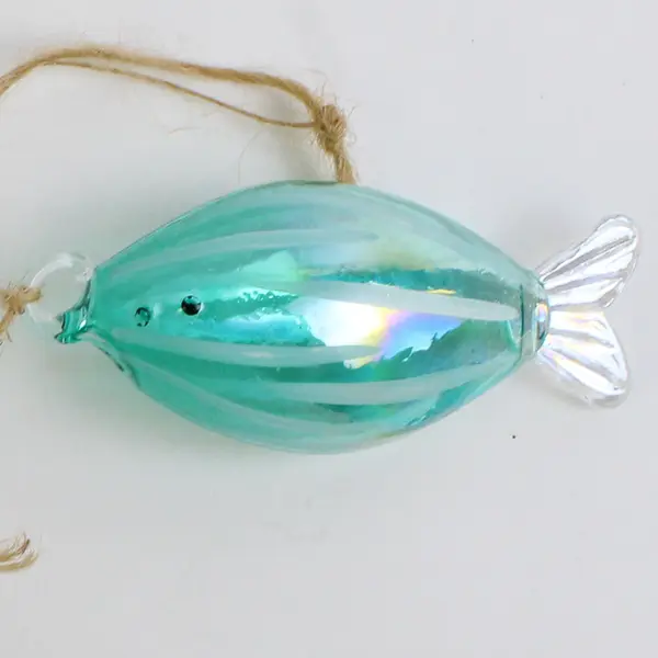 Pair Blue Glass Fish Ornaments on String Nautical Hanging Decor 3"