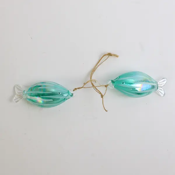Pair Blue Glass Fish Ornaments on String Nautical Hanging Decor 3"