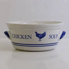 Vintage Chicken Soup Bowl FTDA 1985 Korea Ceramic Blue Handled Dish