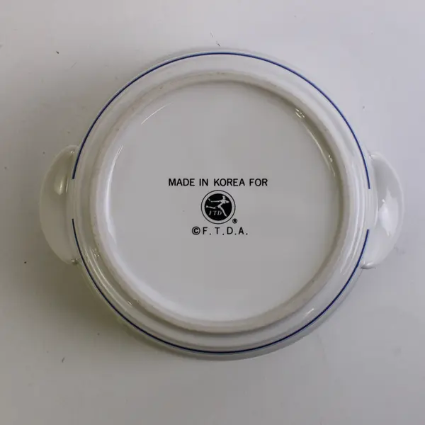 Vintage Chicken Soup Bowl FTDA 1985 Korea Ceramic Blue Handled Dish