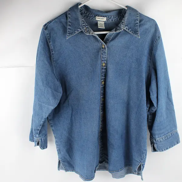 Vintage Cherokee Stretch Women's XL Blue Denim Button Up 3/4 Sleeve Shirt