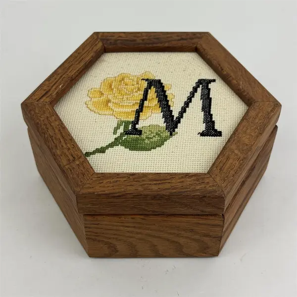 Vintage Hexagonal Wood Trinket Jewelry Box Needlepoint M and Rose Lid Insert