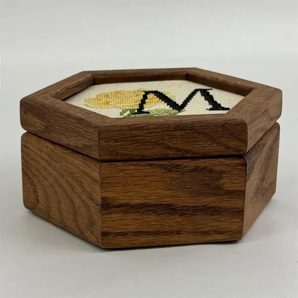 Vintage Hexagonal Wood Trinket Jewelry Box Needlepoint M and Rose Lid Insert