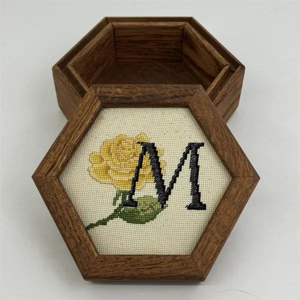 Vintage Hexagonal Wood Trinket Jewelry Box Needlepoint M and Rose Lid Insert