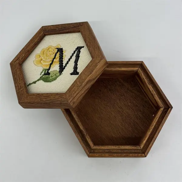 Vintage Hexagonal Wood Trinket Jewelry Box Needlepoint M and Rose Lid Insert
