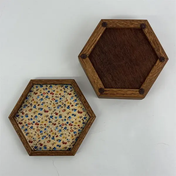 Vintage Hexagonal Wood Trinket Jewelry Box Needlepoint M and Rose Lid Insert