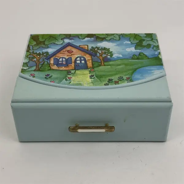 Hand Painted Wood  House Landscape Pattern Jewelry Box With Mirror And Drawer