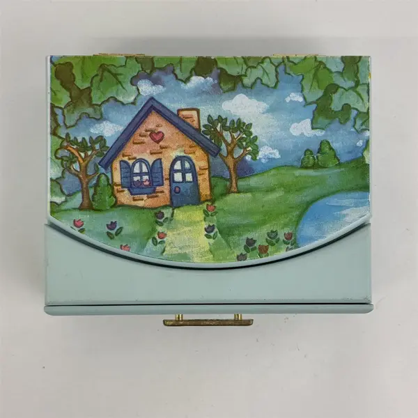 Hand Painted Wood  House Landscape Pattern Jewelry Box With Mirror And Drawer