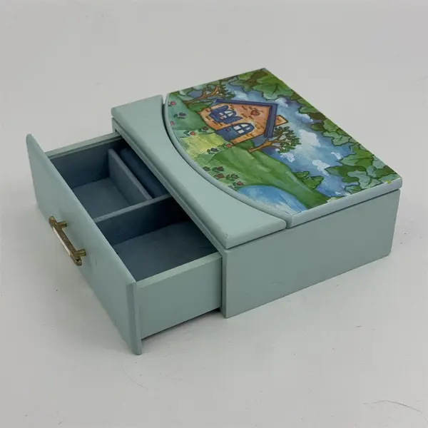 Hand Painted Wood  House Landscape Pattern Jewelry Box With Mirror And Drawer