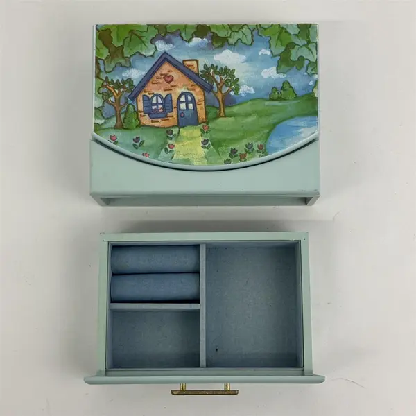 Hand Painted Wood  House Landscape Pattern Jewelry Box With Mirror And Drawer
