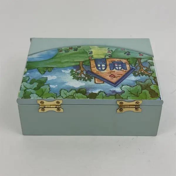 Hand Painted Wood  House Landscape Pattern Jewelry Box With Mirror And Drawer