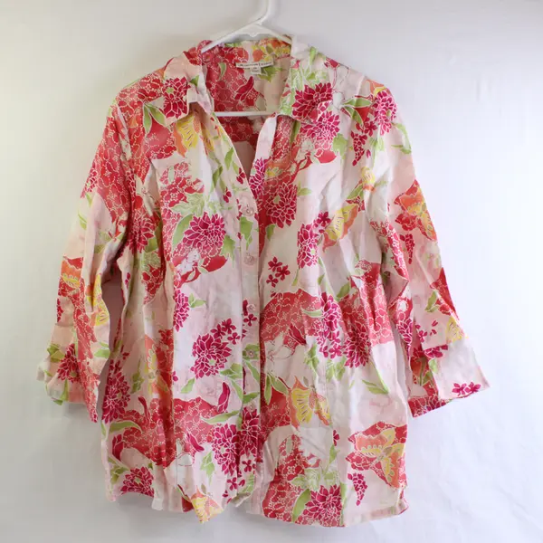 JM Collection Women's 18W Pink Floral 3/4 Sleeve Collared Button Up Blouse