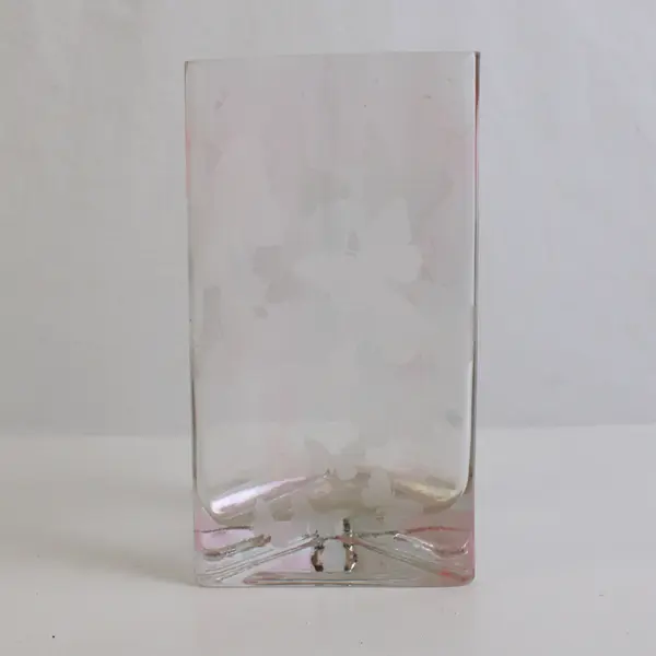 Three Sided Vase Clear Glass Frosted Butterflies 7” Tall