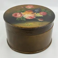 Vintage Hand Painted Wood Victorian Hat Box Floral Pattern 11" Diameter
