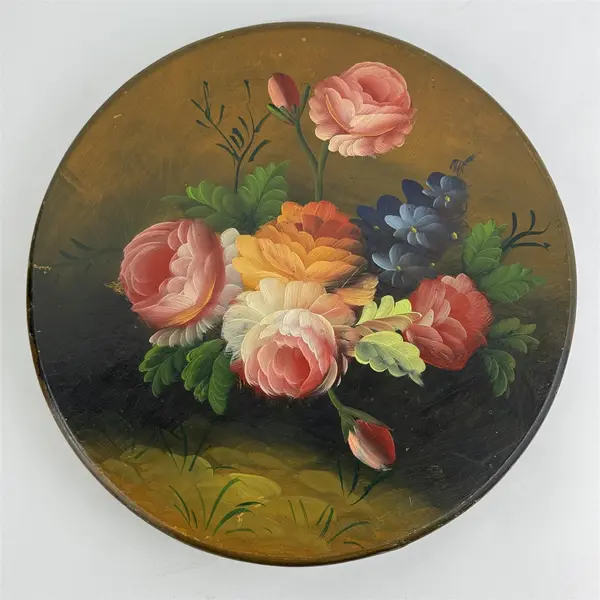 Vintage Hand Painted Wood Victorian Hat Box Floral Pattern 11" Diameter