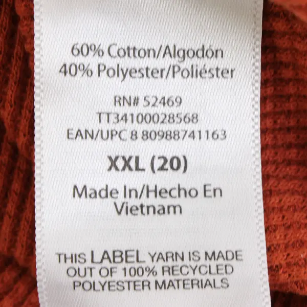 Time & Tru Women's XXL Burnt Orange Cotton Blend Long Sleeve Undershirt