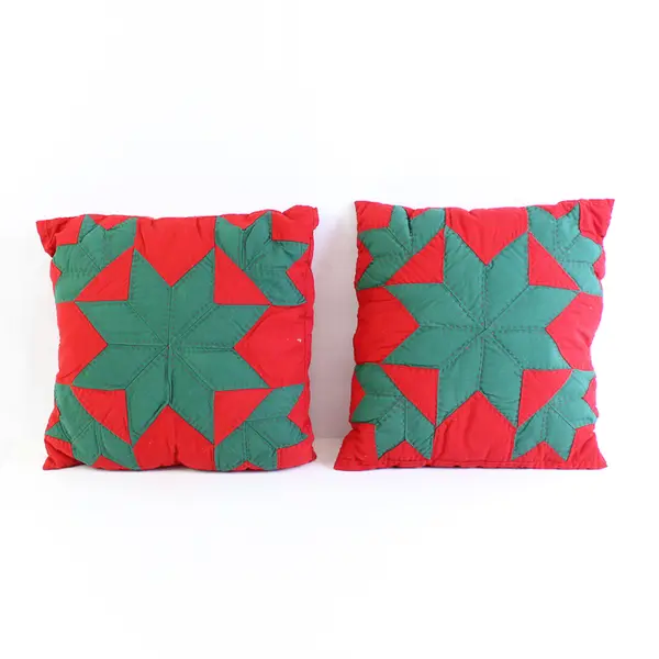 Lot of 2 Hand Quilted Star Throw Pillow 12” Square Red & Green