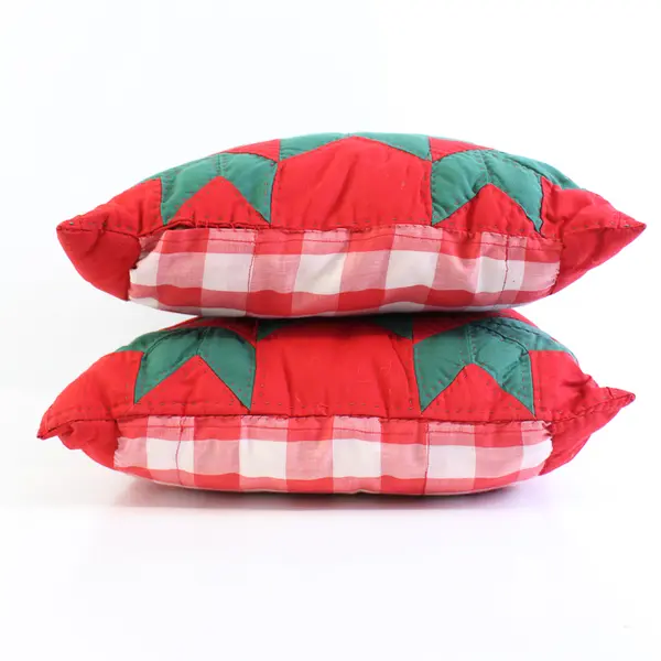 Lot of 2 Hand Quilted Star Throw Pillow 12” Square Red & Green
