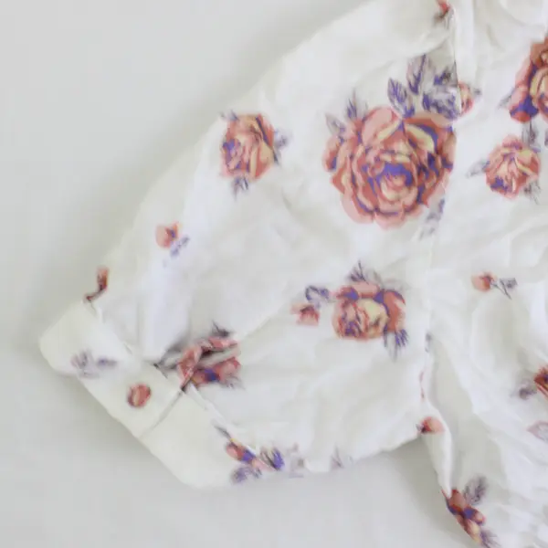 Forever 21 Women’s S White Floral Short Sleeve Smocked Waist Button Up Crop Top