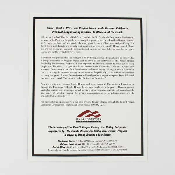 Lot Of 2 Ronald Reagan Young America's Foundation Photo Reprints 8X10