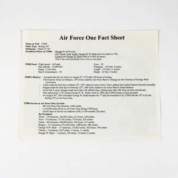 Early 2000s Air Force One Fact Sheet Boeing 707 27000 Reagan Reprint Photo  