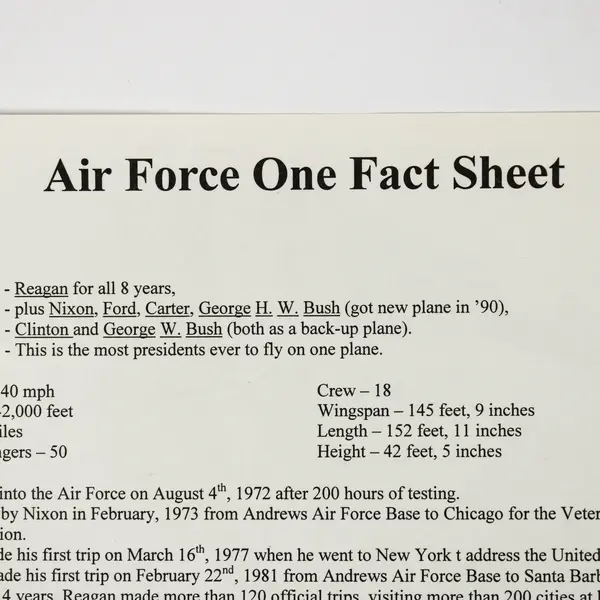 Early 2000s Air Force One Fact Sheet Boeing 707 27000 Reagan Reprint Photo  
