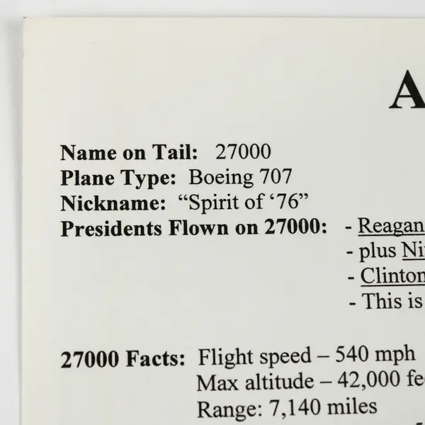 Early 2000s Air Force One Fact Sheet Boeing 707 27000 Reagan Reprint Photo  